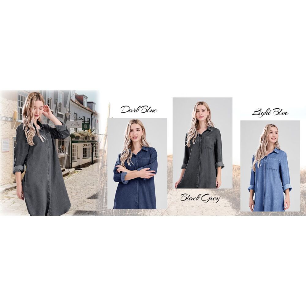 Boho Westen Core Black Grey Denim Shirt Dress Long Sleeve Button Down Midi Dress - Picture 7 of 8